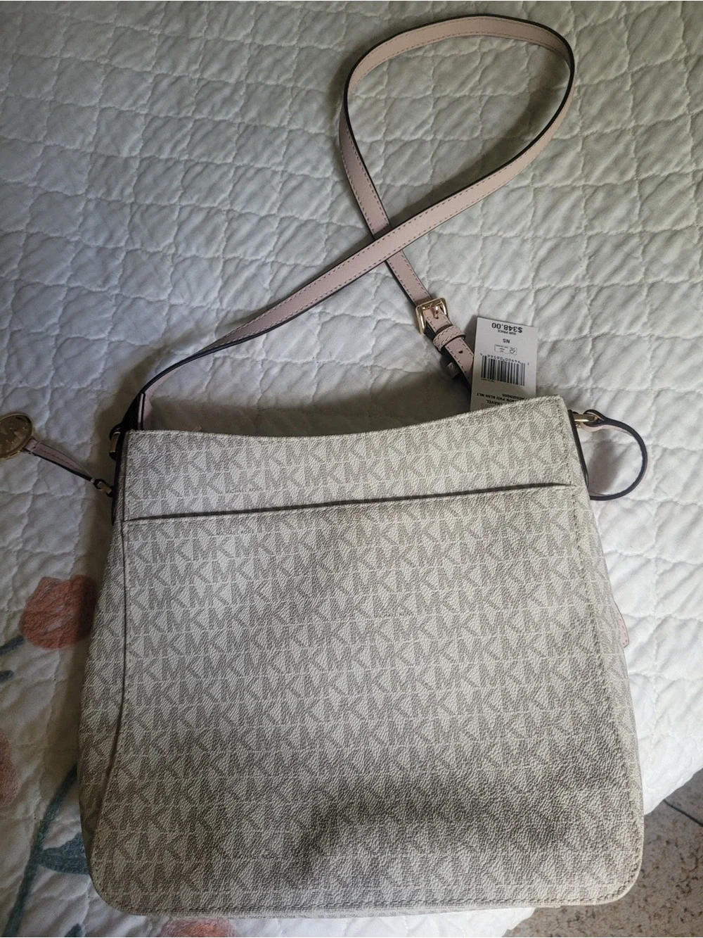 Michael Kors Beige Logo Crossbody with Light Pink Strap